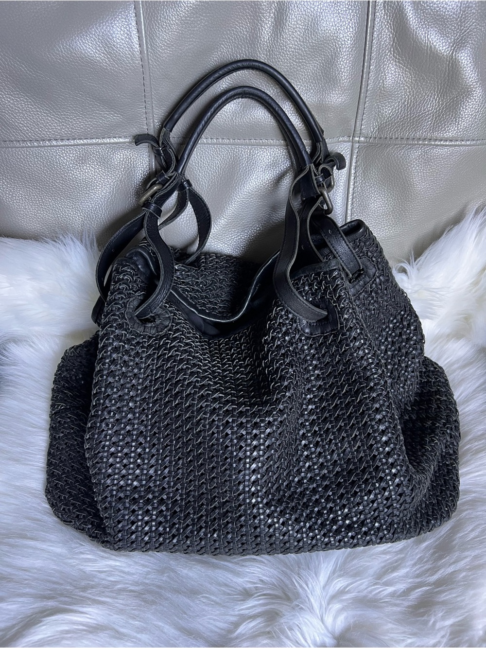 Platania Woven Genuine Italian Leather Black LARGE Shoulder Bag Tote Purse